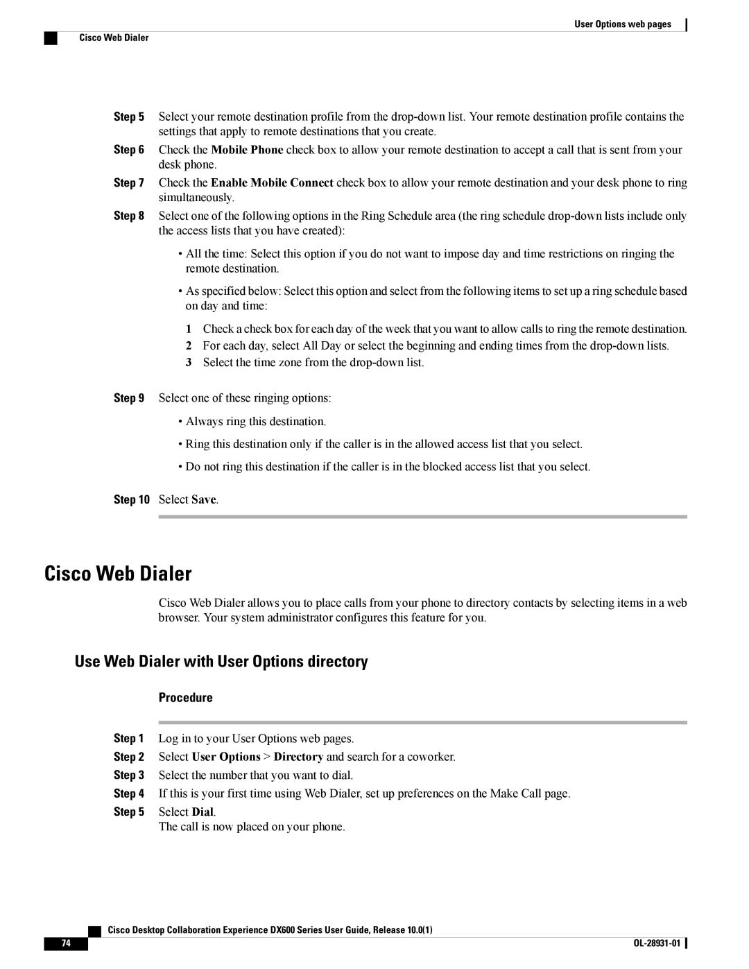 Cisco Systems A03D600GA2, CPDX650K9 manual Cisco Web Dialer, Use Web Dialer with User Options directory, Select Save 