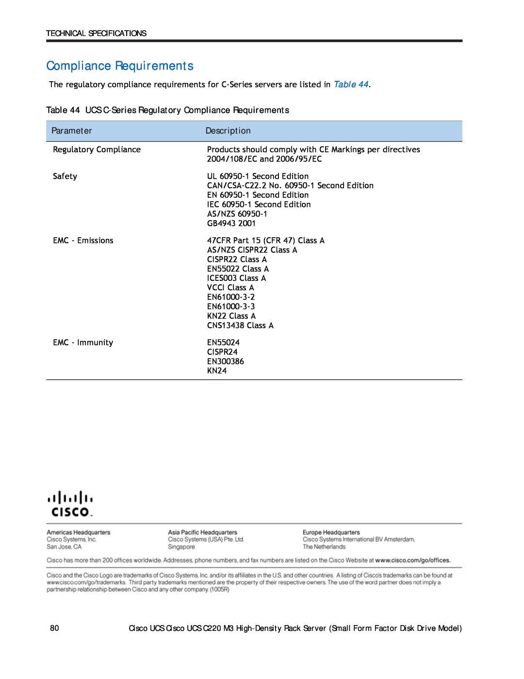 Cisco Systems A03D600GA2 manual UCS C-Series Regulatory Compliance Requirements, Parameter, Description 