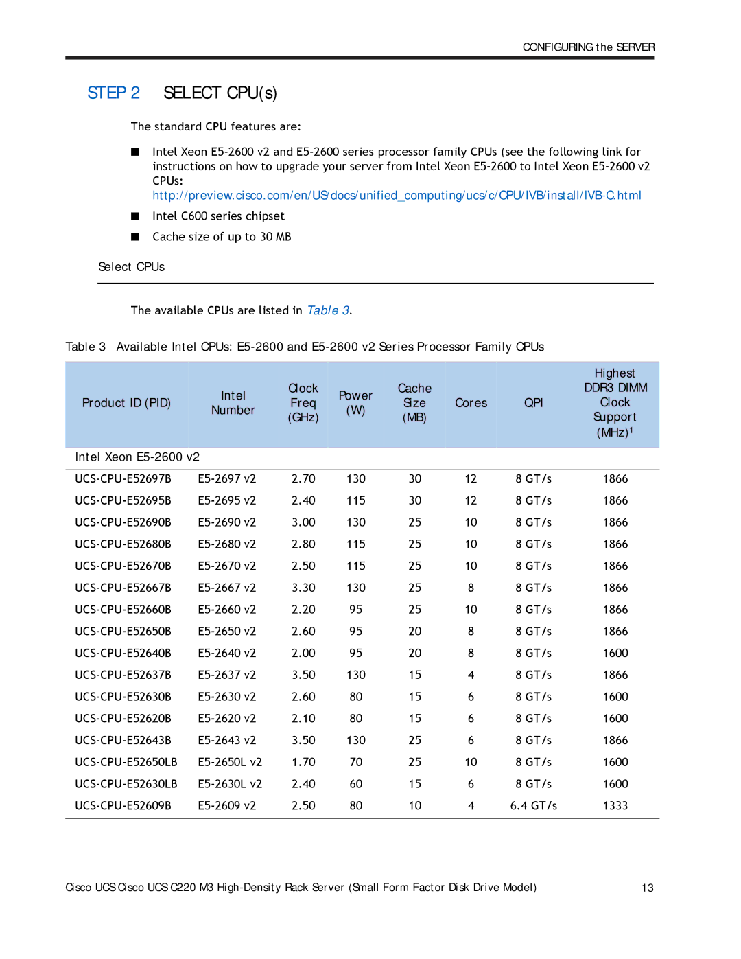 Cisco Systems A03D600GA2 manual Select CPUs, DDR3 Dimm, Product ID PID Freq Size Cores, Qpi 