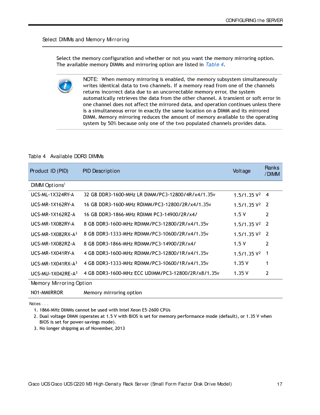 Cisco Systems A03D600GA2 manual Select DIMMs and Memory Mirroring, Dimm Options, Memory Mirroring Option 