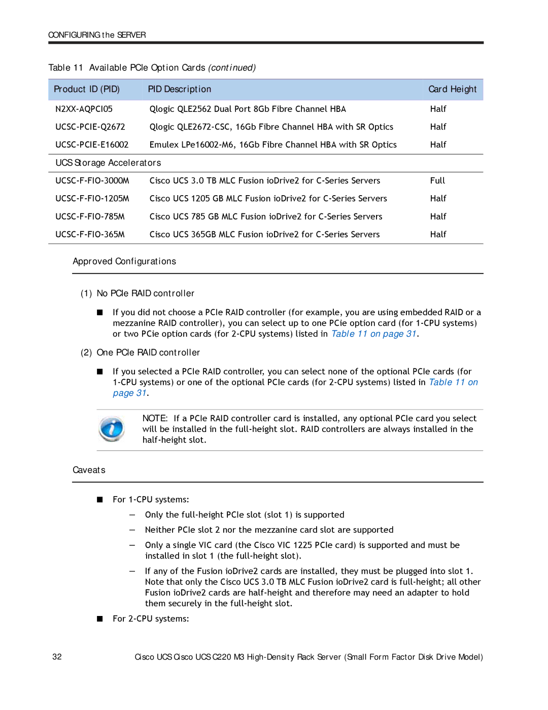 Cisco Systems A03D600GA2 manual UCS Storage Accelerators, Approved Configurations No PCIe RAID controller 