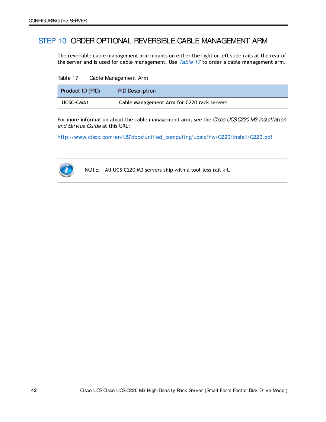 Cisco Systems A03D600GA2 manual Order Optional Reversible Cable Management ARM, Cable Management Arm, UCSC-CMA1 