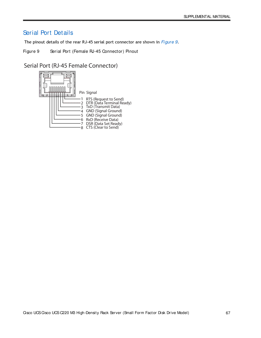 Cisco Systems A03D600GA2 manual Serial Port Details, Serial Port Female RJ-45 Connector Pinout 