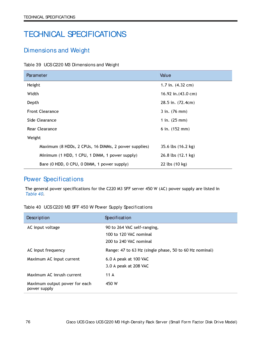 Cisco Systems A03D600GA2 manual Power Specifications, UCS C220 M3 Dimensions and Weight Parameter Value 