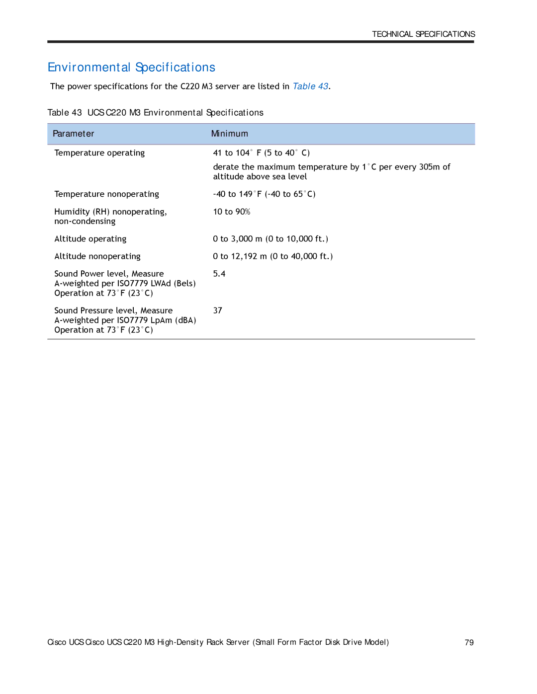 Cisco Systems A03D600GA2 manual UCS C220 M3 Environmental Specifications Parameter Minimum 