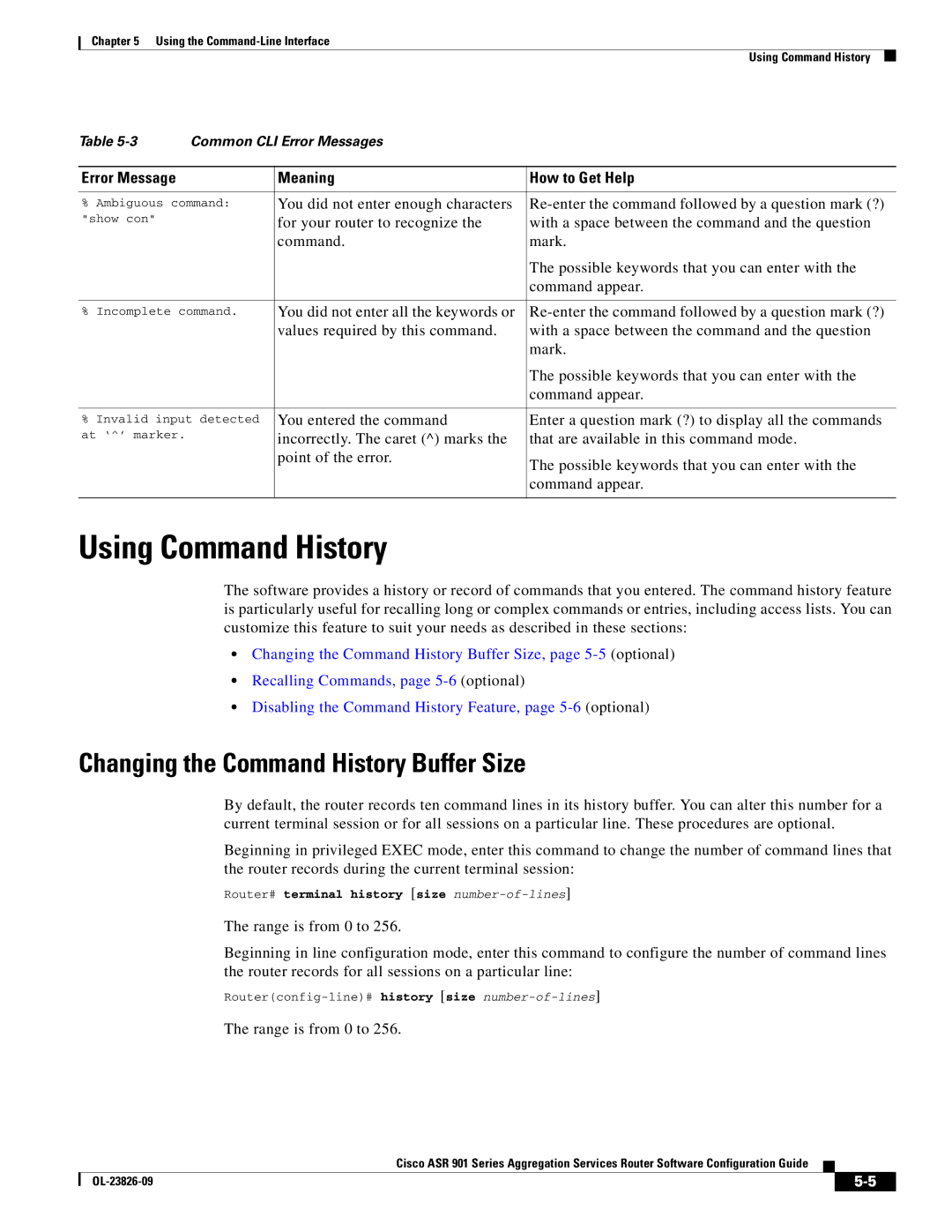 Cisco Systems A9014CFD manual Using Command History, Changing the Command History Buffer Size, Range is from 0 to 