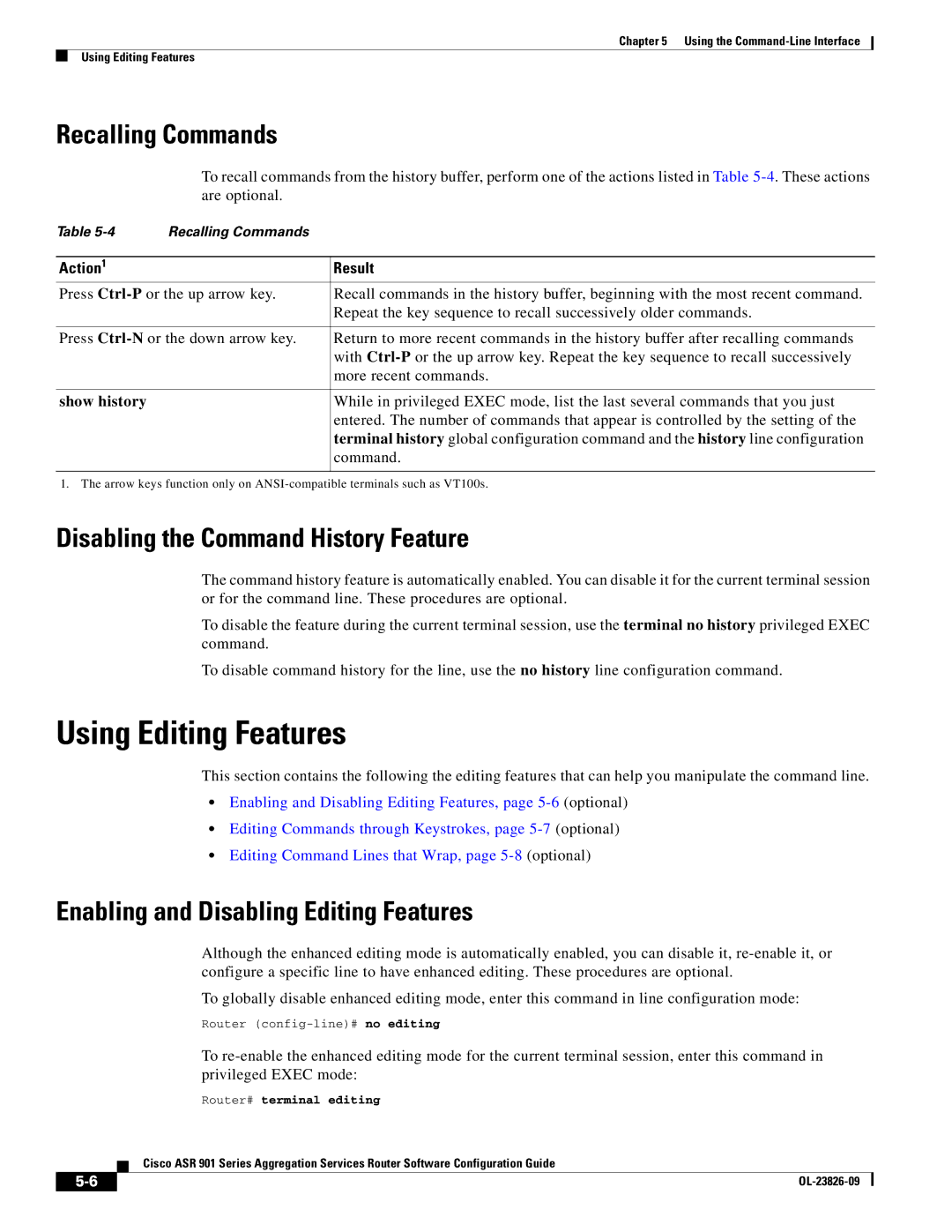 Cisco Systems A9014CFD Using Editing Features, Recalling Commands, Disabling the Command History Feature, Action1 Result 