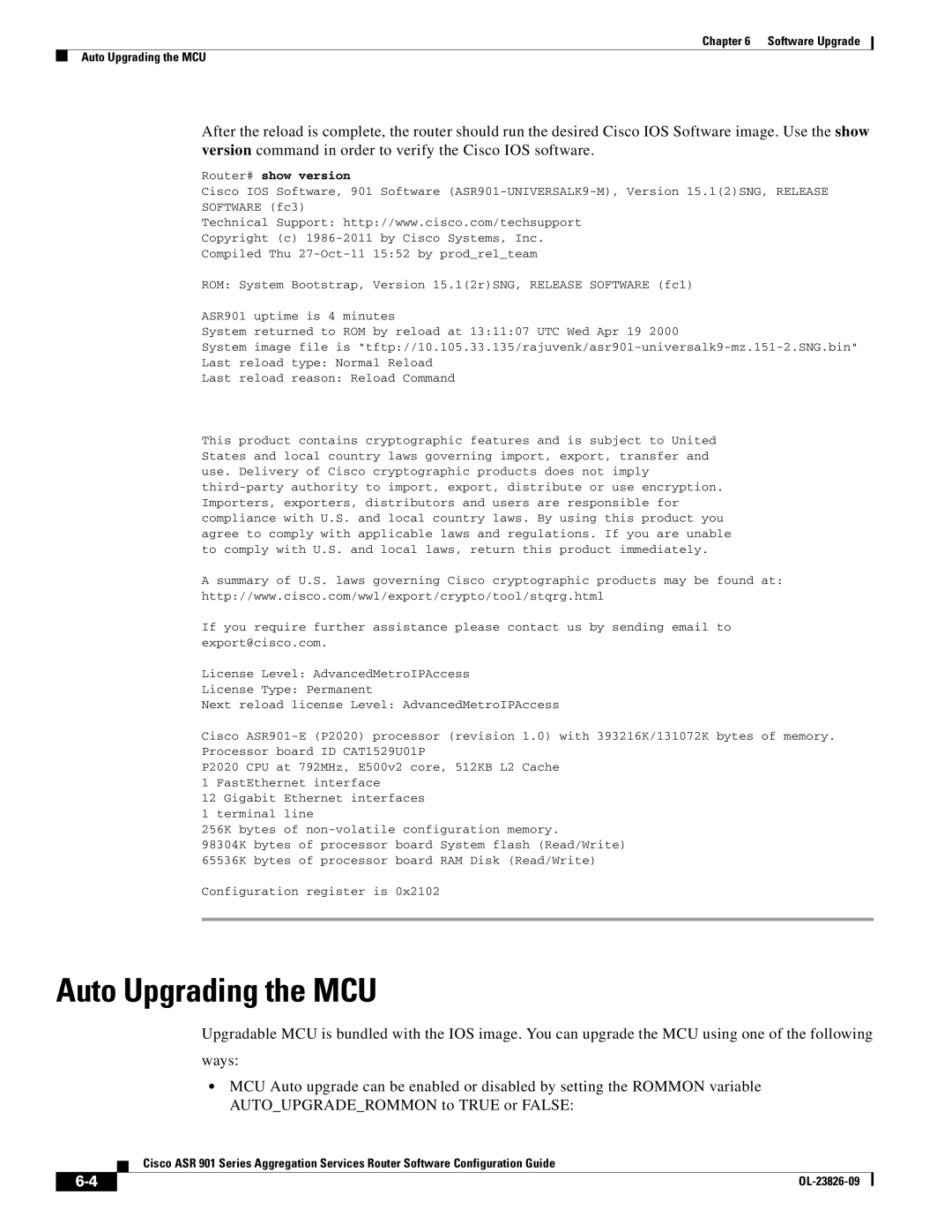 Cisco Systems A9014CFD manual Auto Upgrading the MCU, Router# show version 