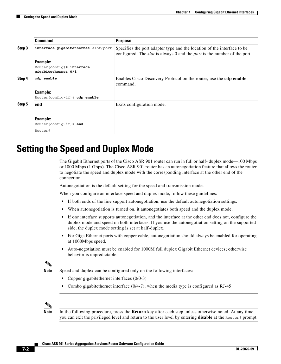 Cisco Systems A9014CFD manual Setting the Speed and Duplex Mode, Gigabitethernet 0/1, Cdp enable 