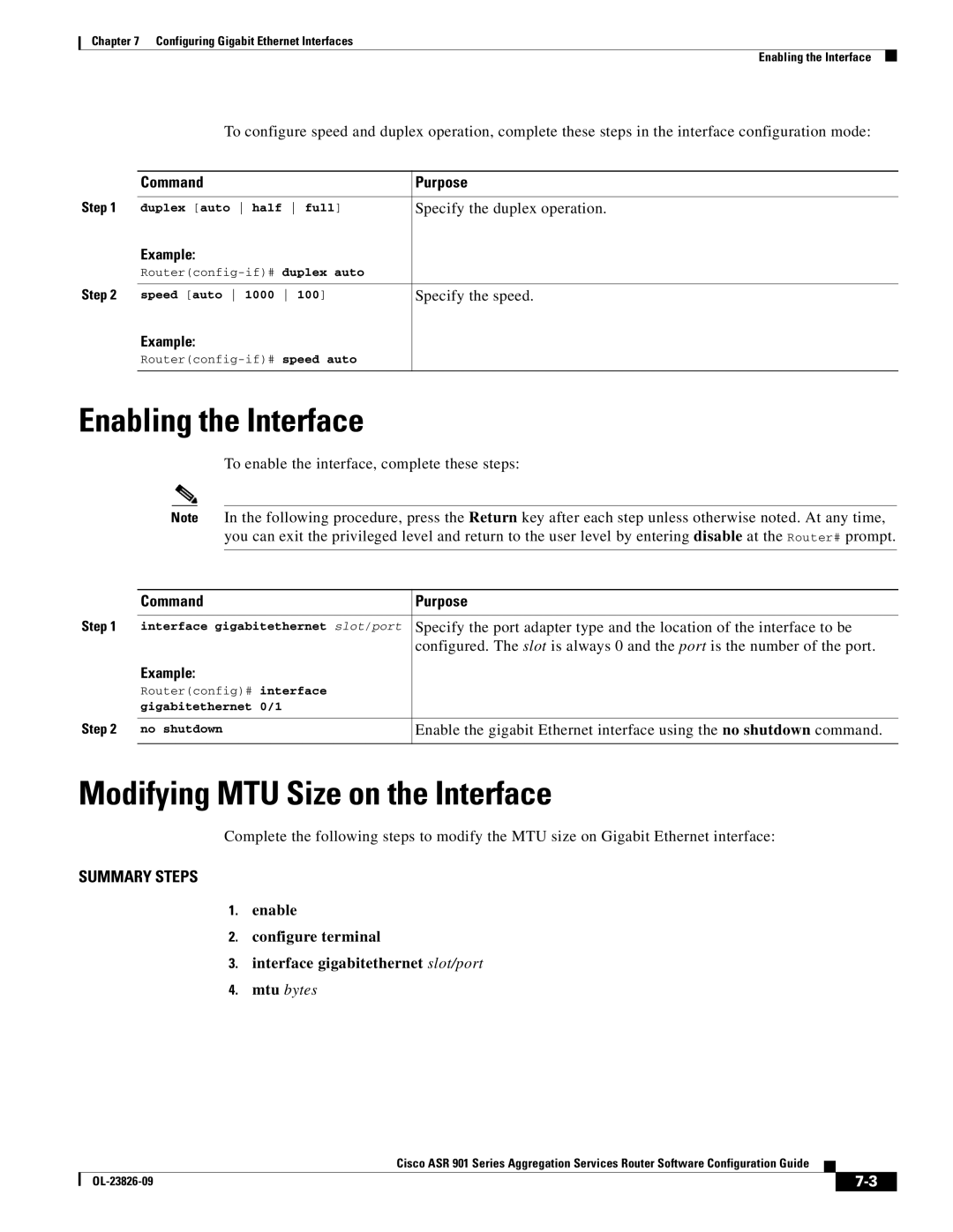 Cisco Systems A9014CFD manual Enabling the Interface, Modifying MTU Size on the Interface, Mtu bytes 