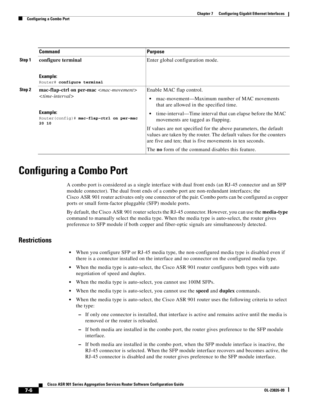 Cisco Systems A9014CFD manual Configuring a Combo Port, Restrictions, Mac-flap-ctrl on per-mac mac-movement, Time-interval 