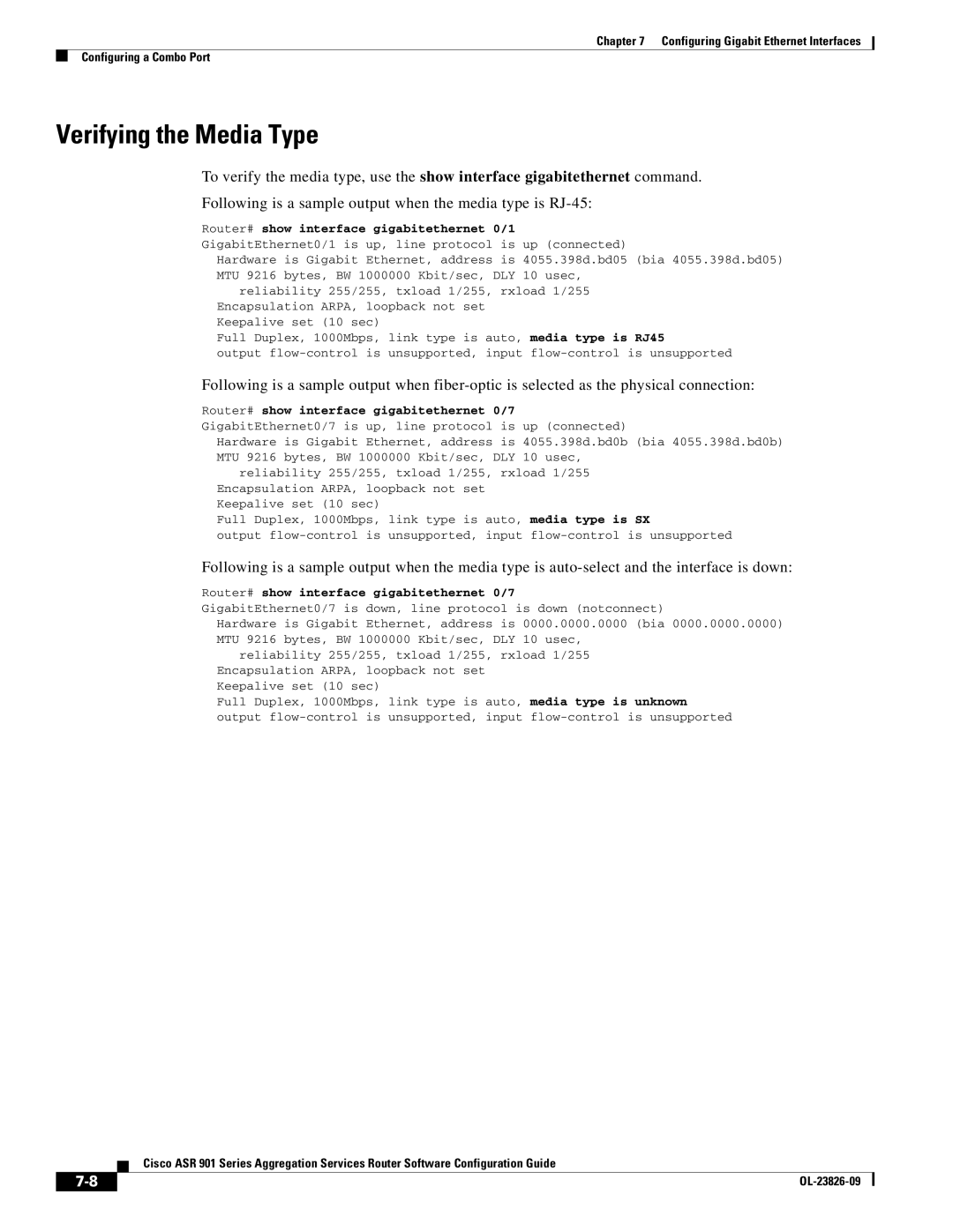 Cisco Systems A9014CFD manual Verifying the Media Type, Router# show interface gigabitethernet 0/1 