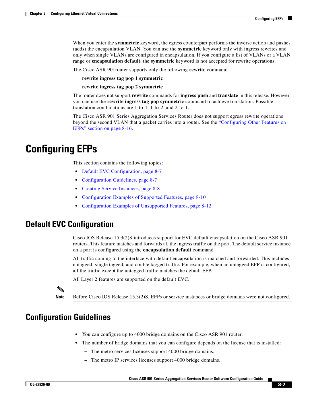 Cisco Systems A9014CFD manual Configuring EFPs, Default EVC Configuration, Configuration Guidelines 