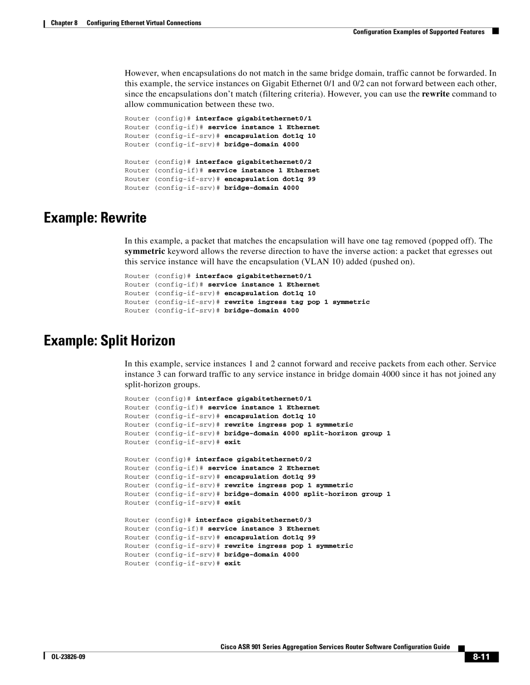 Cisco Systems A9014CFD Example Rewrite, Example Split Horizon, Router config-if-srv#rewrite ingress tag pop 1 symmetric 