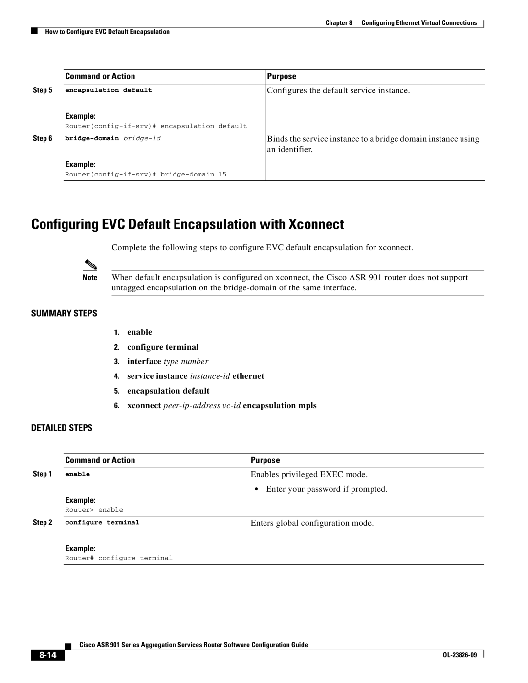 Cisco Systems A9014CFD manual Configuring EVC Default Encapsulation with Xconnect, Configures the default service instance 