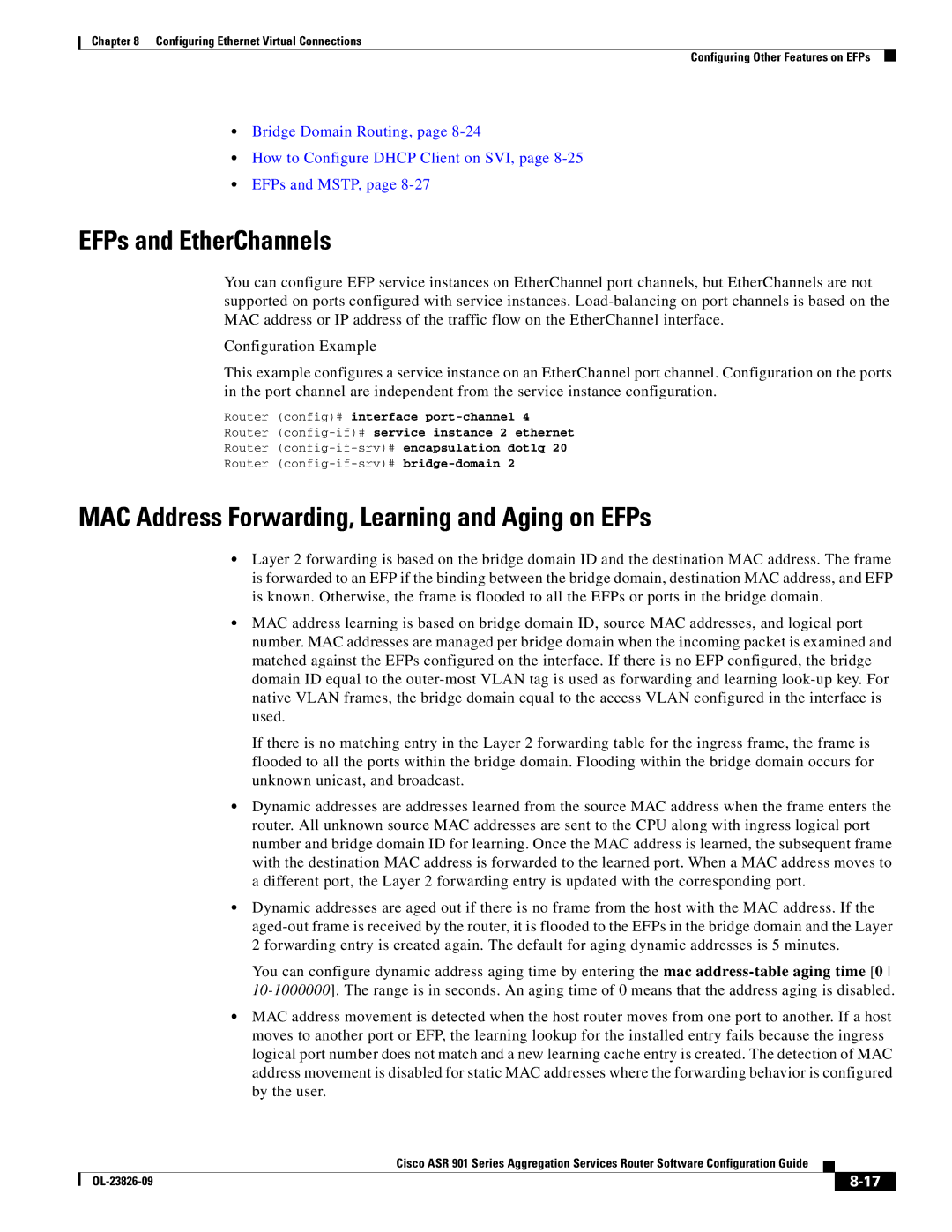 Cisco Systems A9014CFD manual EFPs and EtherChannels, MAC Address Forwarding, Learning and Aging on EFPs 