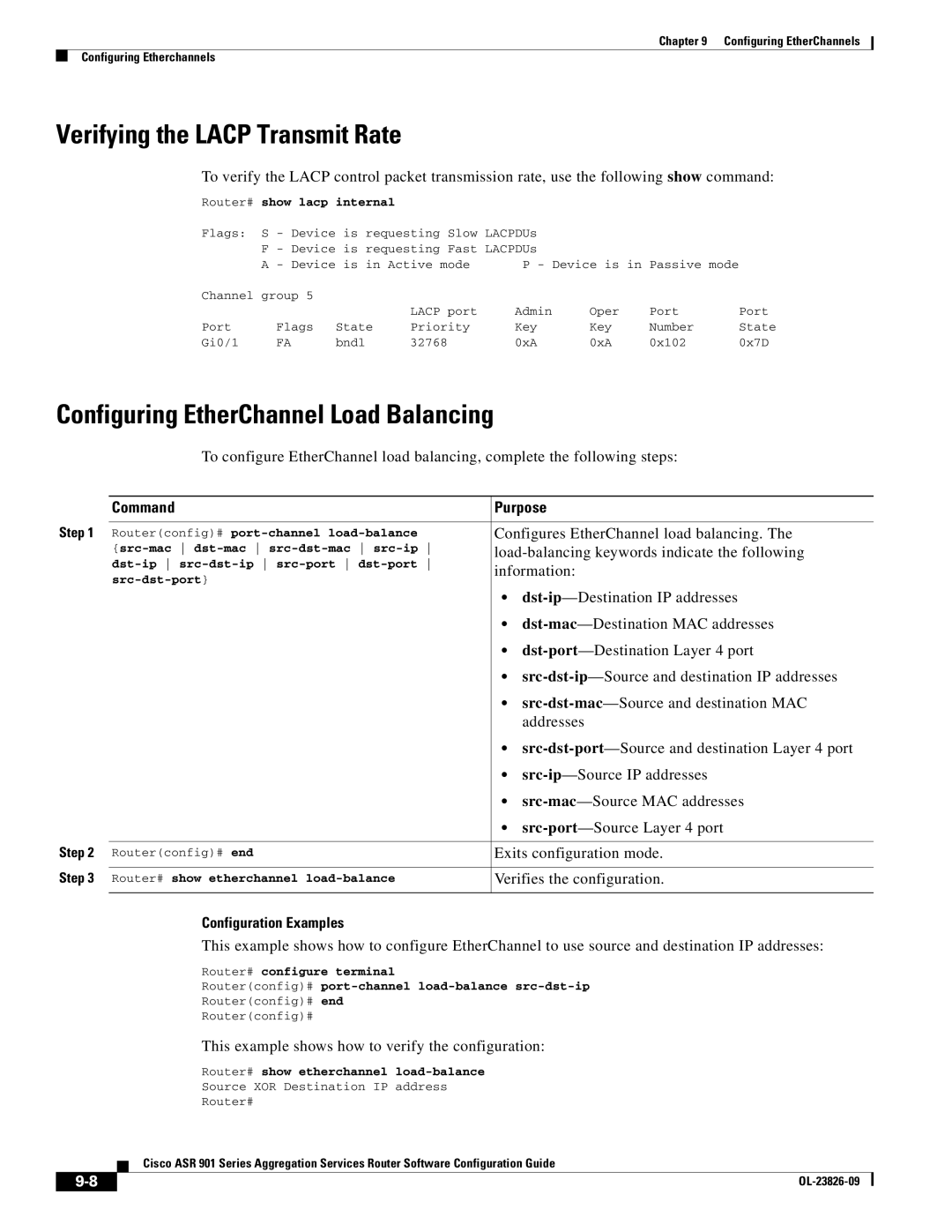 Cisco Systems A9014CFD Verifying the Lacp Transmit Rate, Configuring EtherChannel Load Balancing, Configuration Examples 