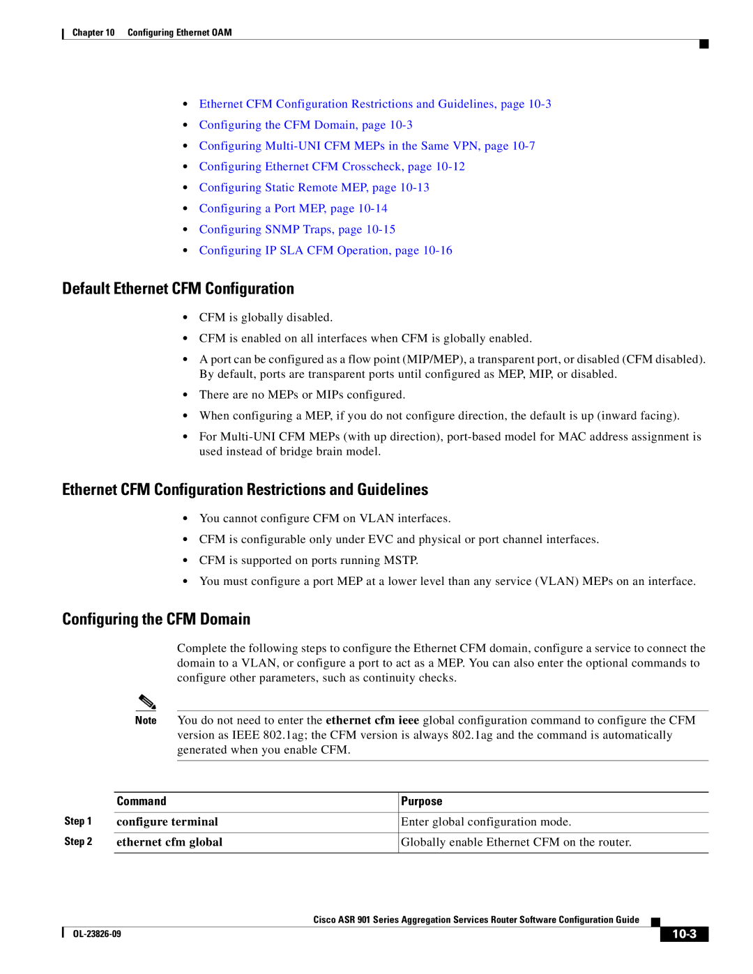 Cisco Systems A9014CFD Default Ethernet CFM Configuration, Ethernet CFM Configuration Restrictions and Guidelines, 10-3 