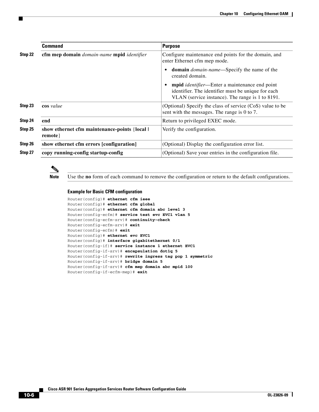 Cisco Systems A9014CFD manual Example for Basic CFM configuration, 10-6 