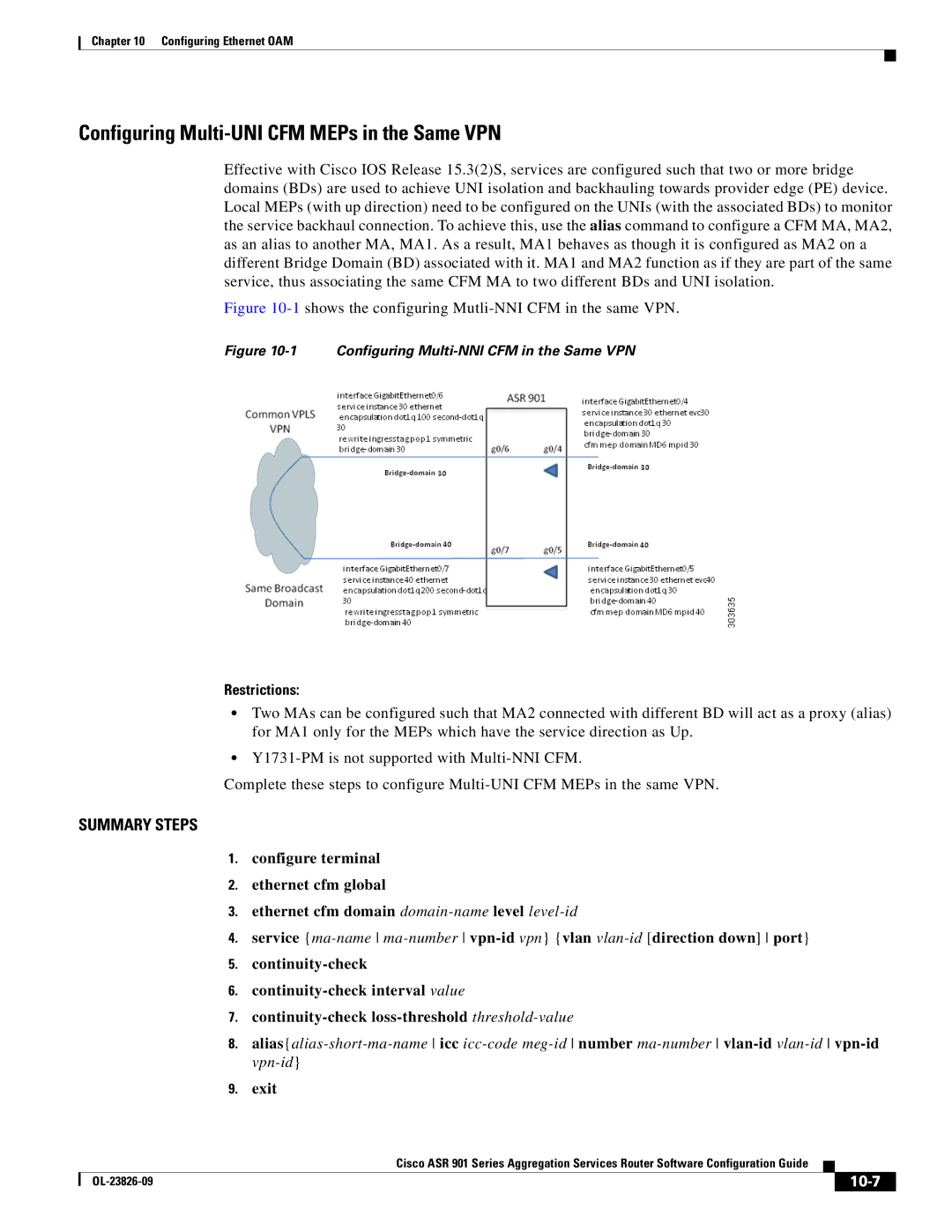 Cisco Systems A9014CFD manual Configuring Multi-UNI CFM MEPs in the Same VPN, Restrictions, Exit, 10-7 