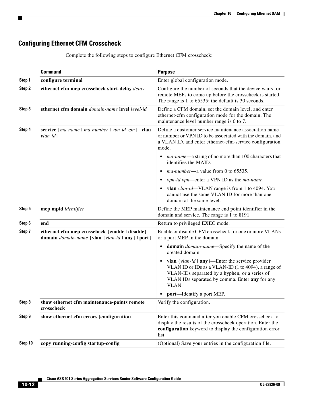 Cisco Systems A9014CFD manual Configuring Ethernet CFM Crosscheck, 10-12 