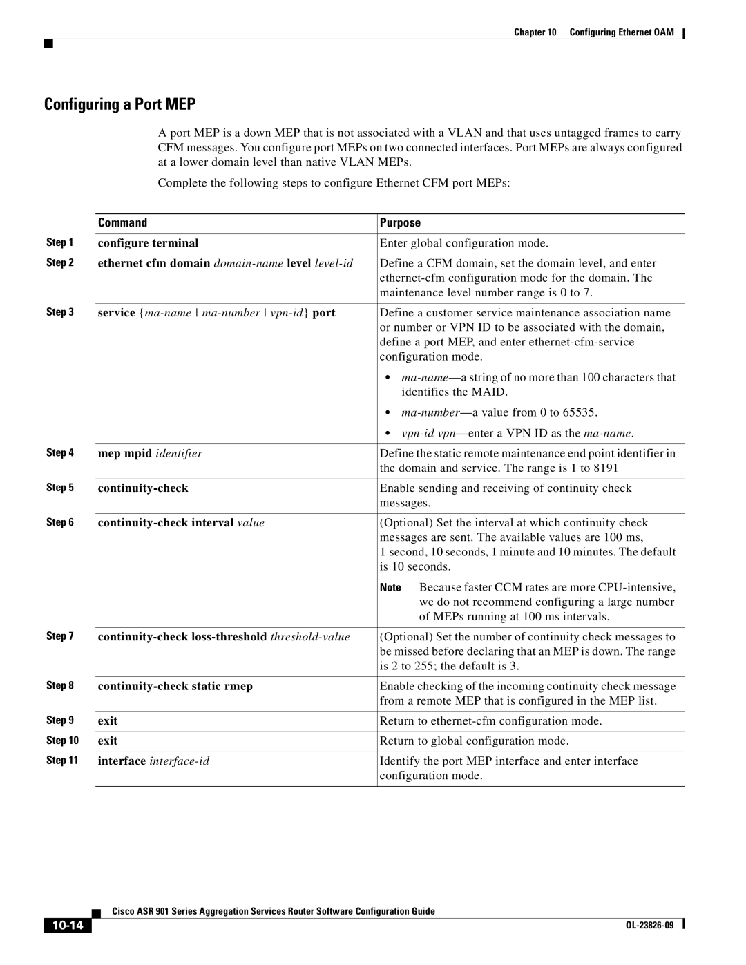 Cisco Systems A9014CFD manual Configuring a Port MEP, Service ma-name ma-number vpn-id port, 10-14 