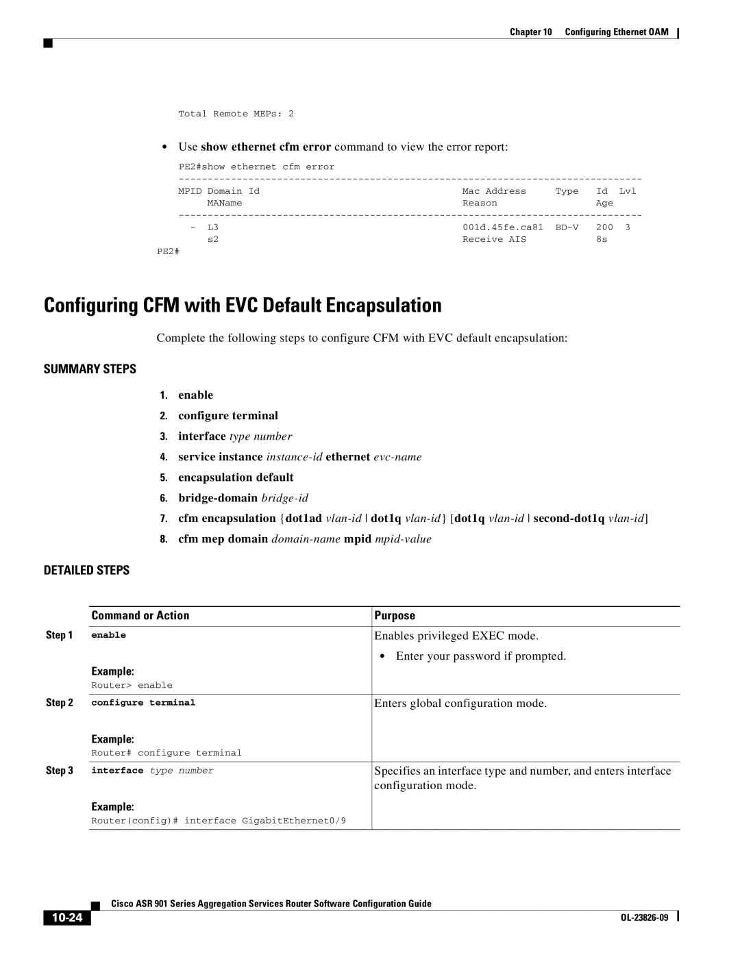 Cisco Systems A9014CFD Configuring CFM with EVC Default Encapsulation, Cfm mep domain domain-name mpid mpid-value, 10-24 