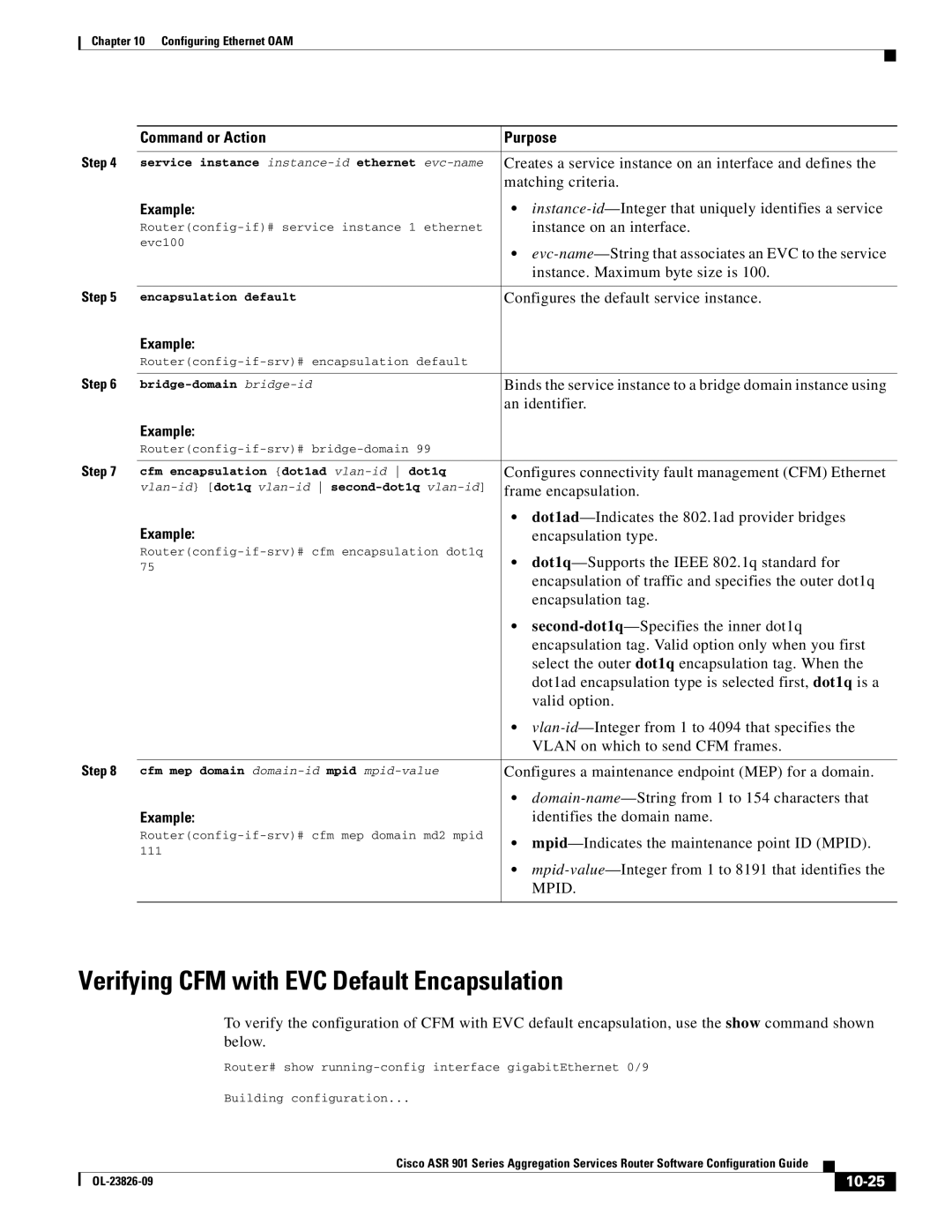 Cisco Systems A9014CFD manual Verifying CFM with EVC Default Encapsulation, 10-25 