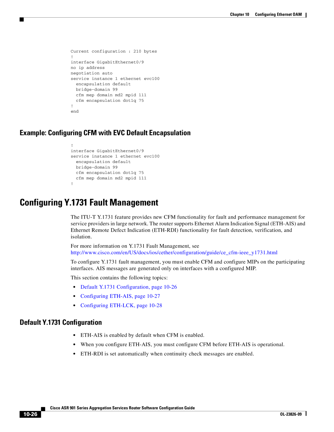 Cisco Systems A9014CFD Configuring Y.1731 Fault Management, Example Configuring CFM with EVC Default Encapsulation, 10-26 