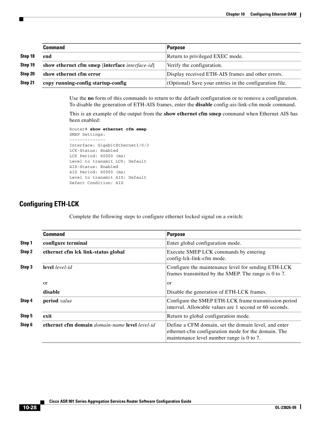 Cisco Systems A9014CFD Configuring ETH-LCK, Show ethernet cfm smep interface interface-id, Show ethernet cfm error, 10-28 