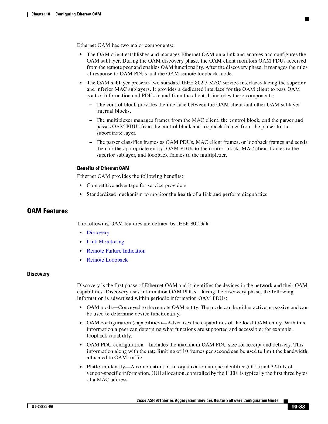 Cisco Systems A9014CFD OAM Features, Benefits of Ethernet OAM, Following OAM features are defined by Ieee 802.3ah, 10-33 