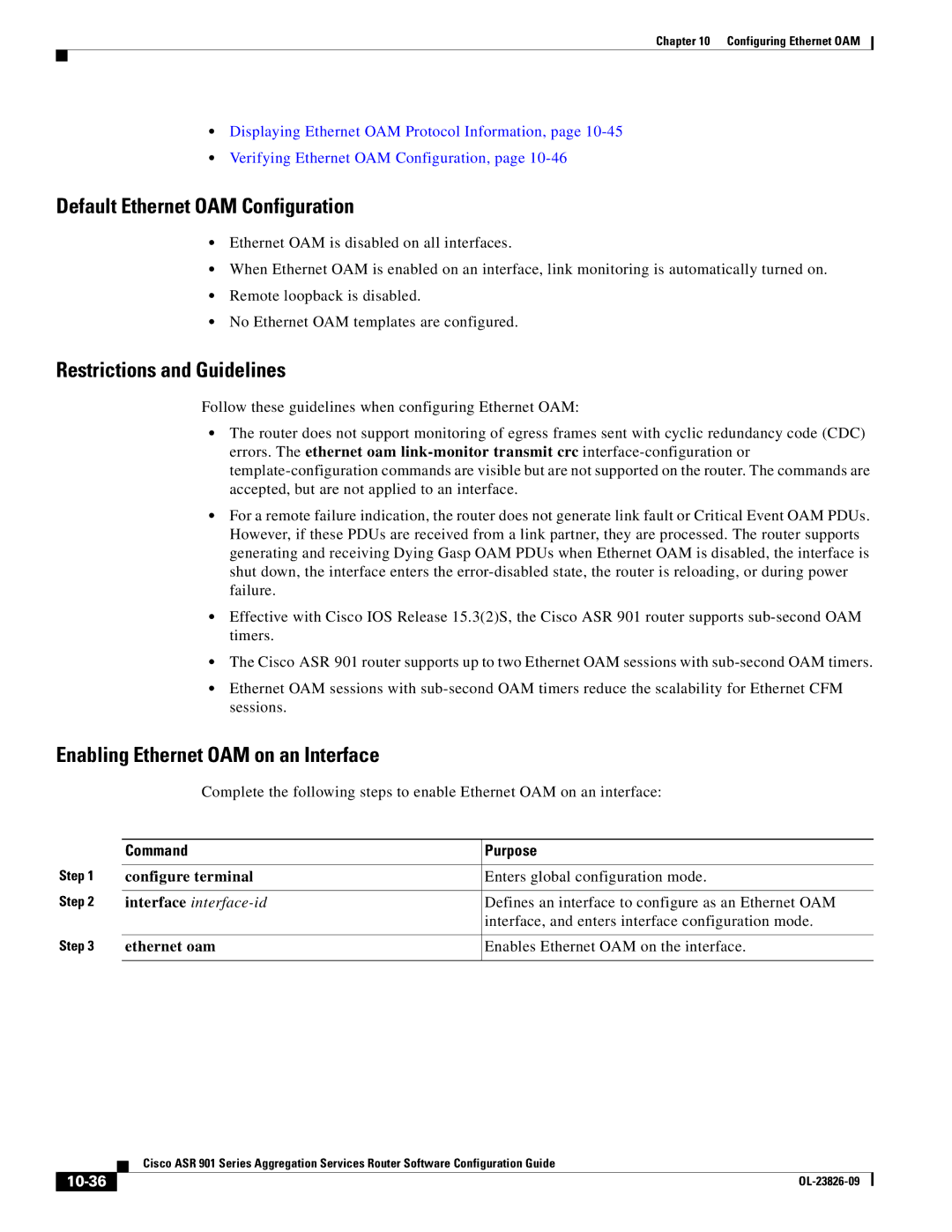 Cisco Systems A9014CFD manual Default Ethernet OAM Configuration, Restrictions and Guidelines, Ethernet oam, 10-36 