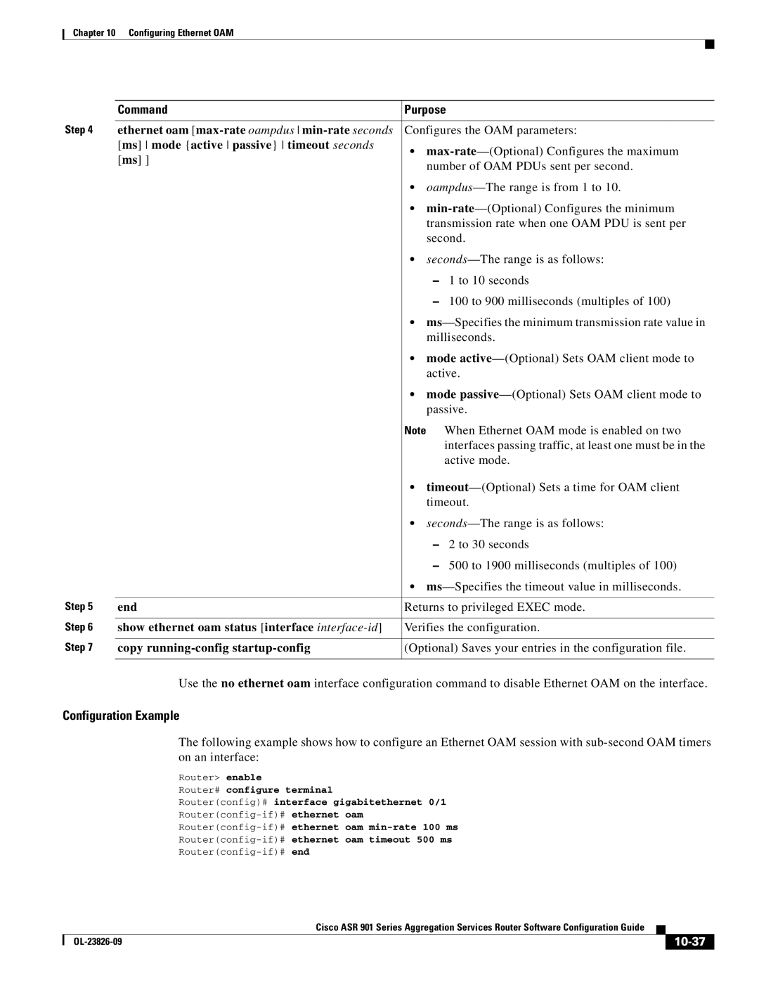 Cisco Systems A9014CFD manual Ethernet oam max-rate oampdus min-rate seconds, Ms mode active passive timeout seconds, 10-37 