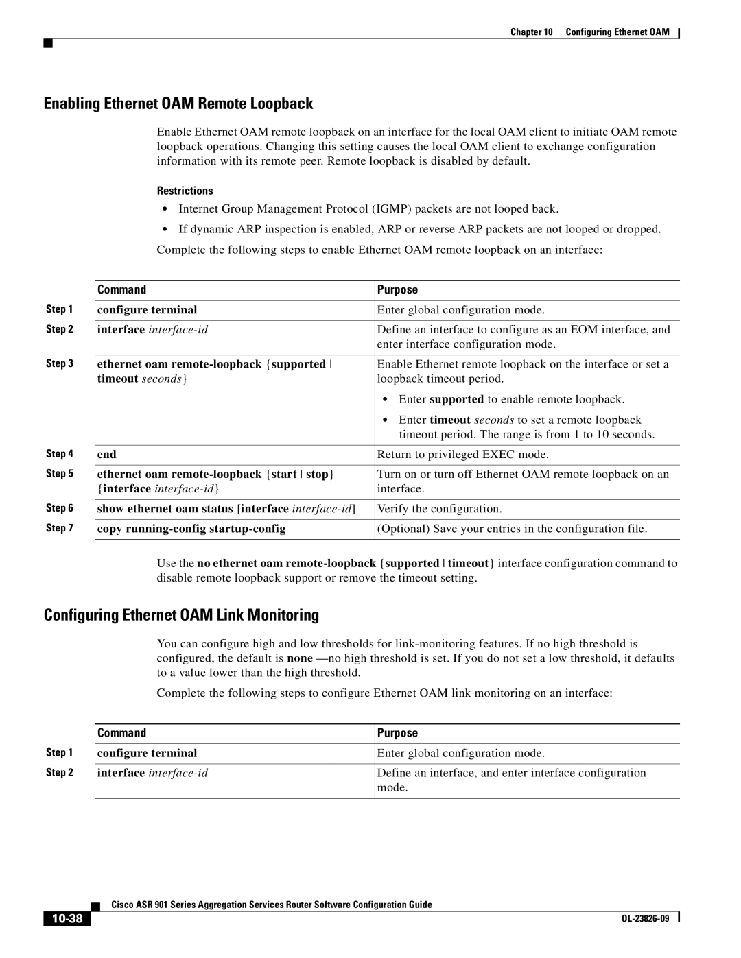 Cisco Systems A9014CFD manual Enabling Ethernet OAM Remote Loopback, Configuring Ethernet OAM Link Monitoring, 10-38 