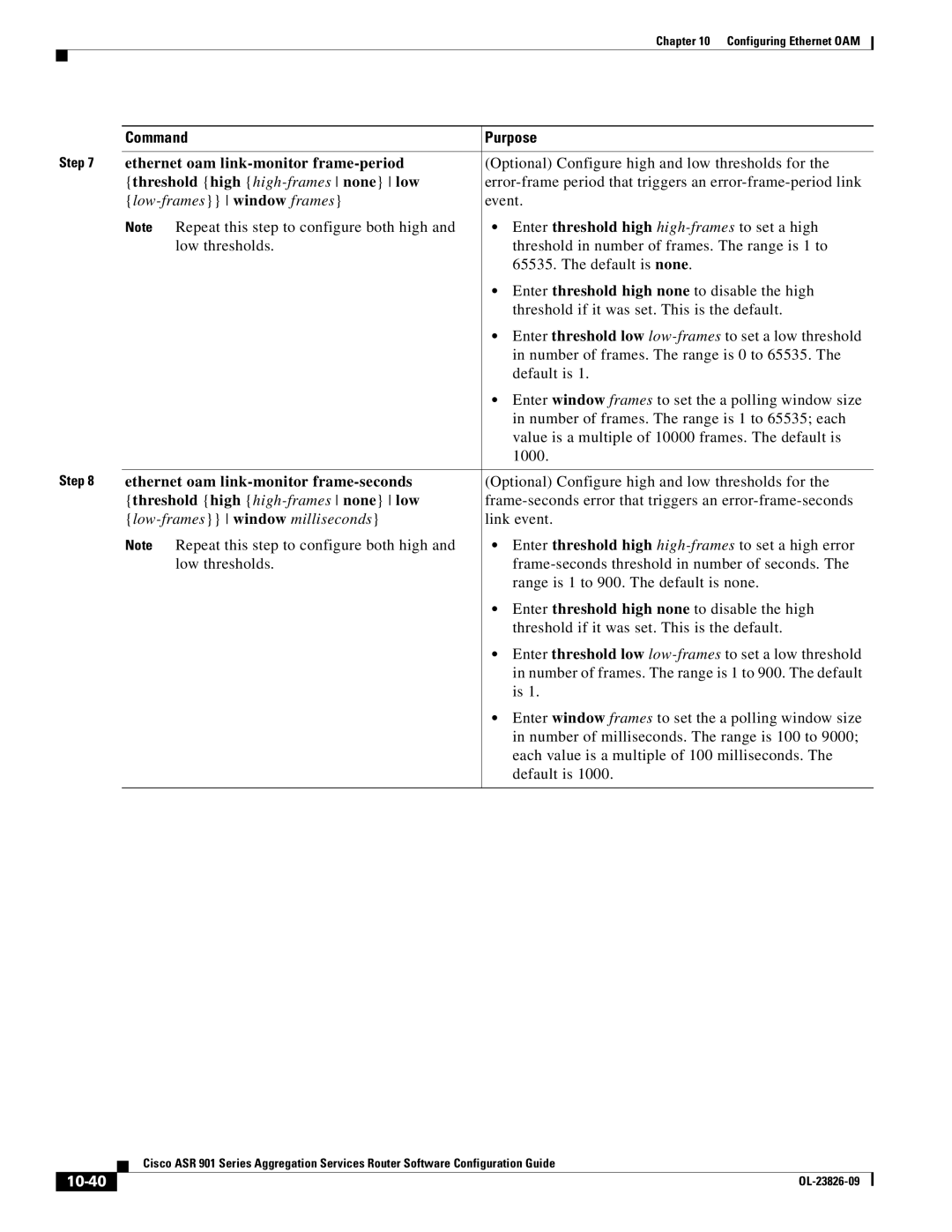 Cisco Systems A9014CFD manual Ethernet oam link-monitor frame-period, Threshold high high-frames none low, 10-40 