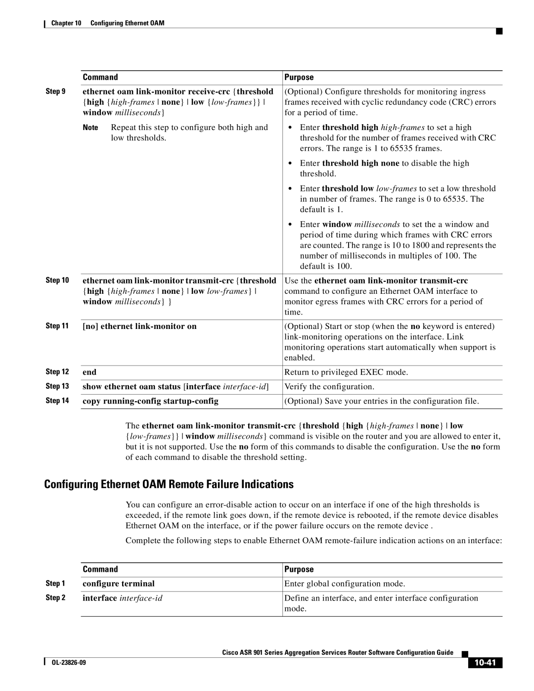 Cisco Systems A9014CFD manual Configuring Ethernet OAM Remote Failure Indications, No ethernet link-monitor on, 10-41 