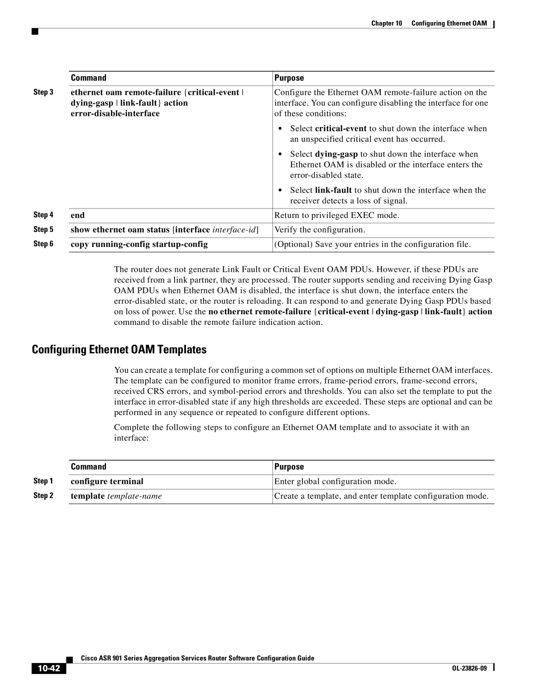 Cisco Systems A9014CFD manual Configuring Ethernet OAM Templates, Ethernet oam remote-failure critical-event, 10-42 