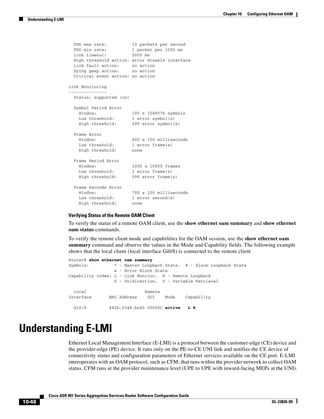 Cisco Systems A9014CFD manual Understanding E-LMI, Verifying Status of the Remote OAM Client, 10-48, Active 