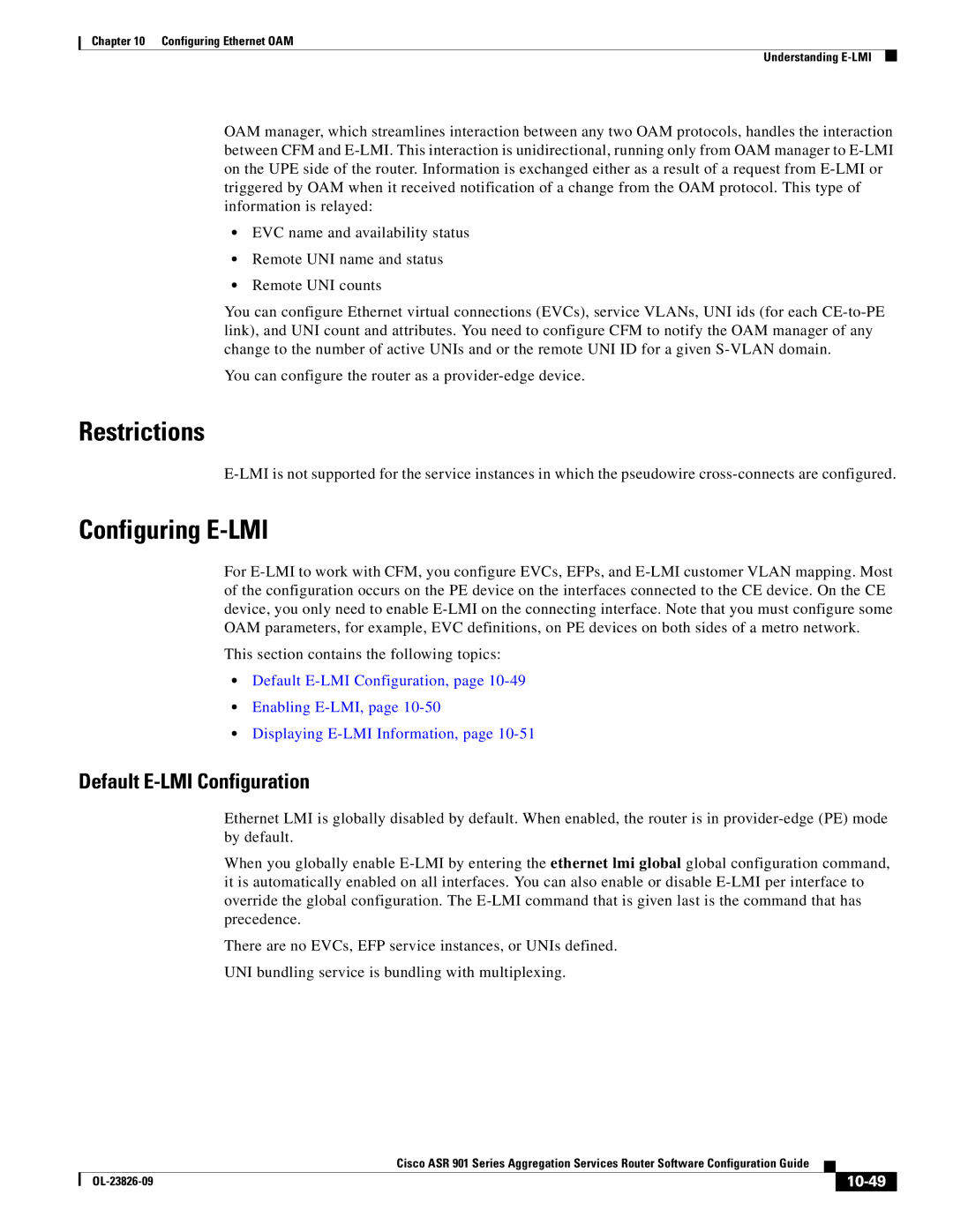 Cisco Systems A9014CFD manual Restrictions, Configuring E-LMI, Default E-LMI Configuration, 10-49 