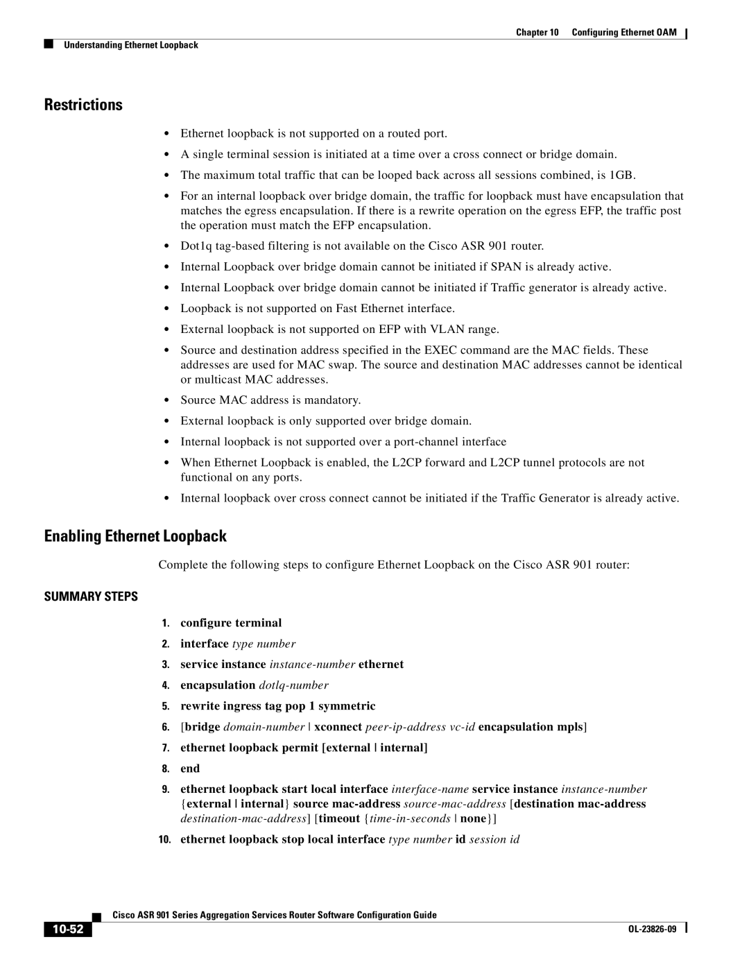 Cisco Systems A9014CFD manual Enabling Ethernet Loopback, 10-52 