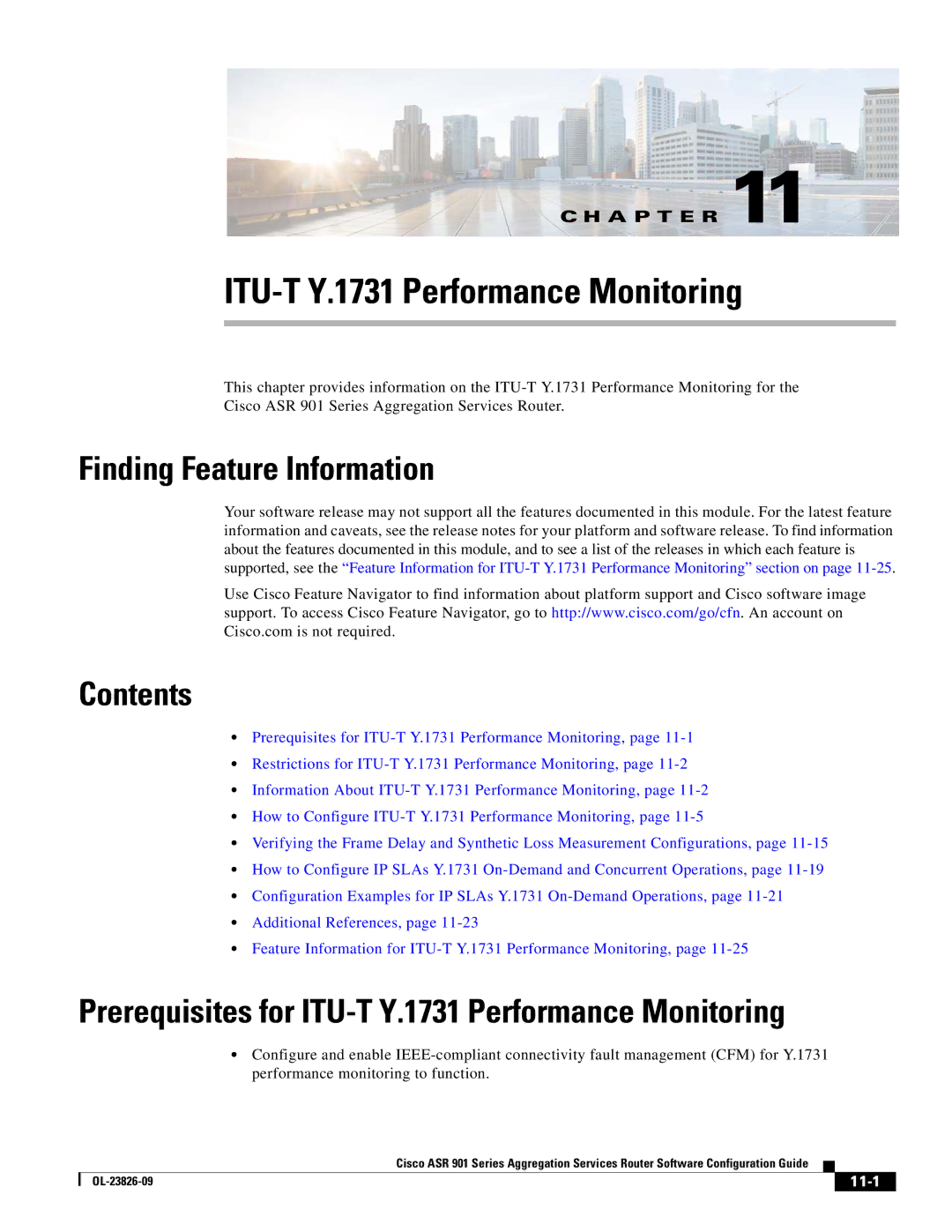 Cisco Systems A9014CFD manual Prerequisites for ITU-T Y.1731 Performance Monitoring, 11-1 