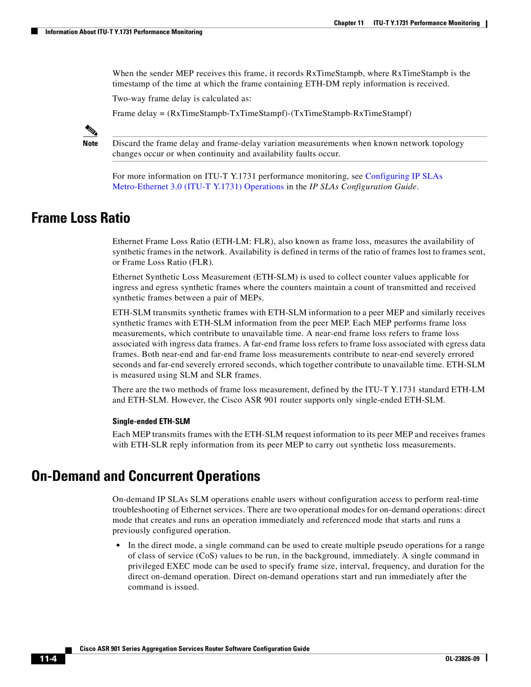 Cisco Systems A9014CFD manual Frame Loss Ratio, On-Demand and Concurrent Operations, Single-ended ETH-SLM, 11-4 