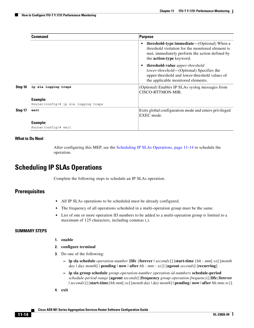 Cisco Systems A9014CFD Scheduling IP SLAs Operations, Prerequisites, Threshold-type immediate -Optional When a, 11-14 