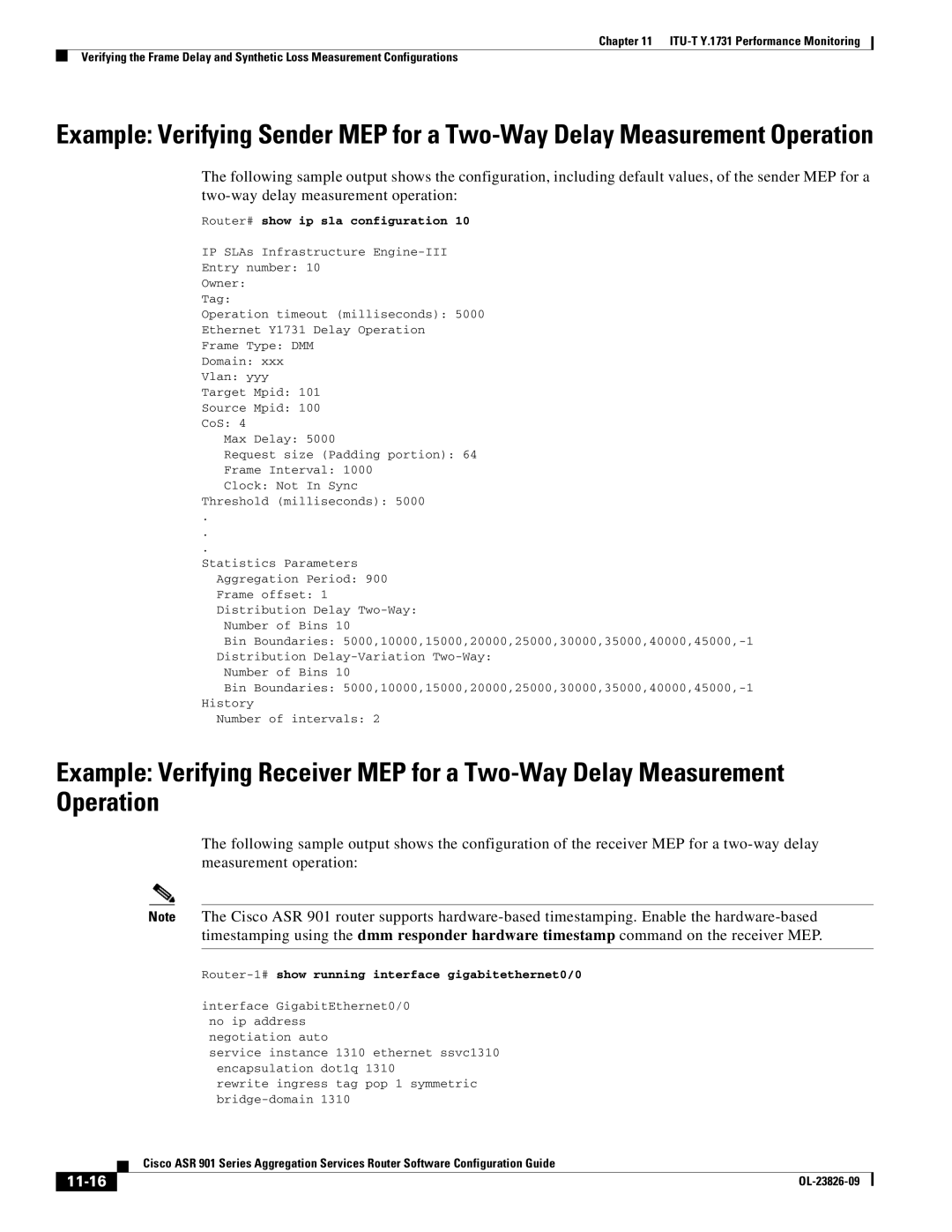 Cisco Systems A9014CFD manual 11-16, Router# show ip sla configuration, Router-1#show running interface gigabitethernet0/0 