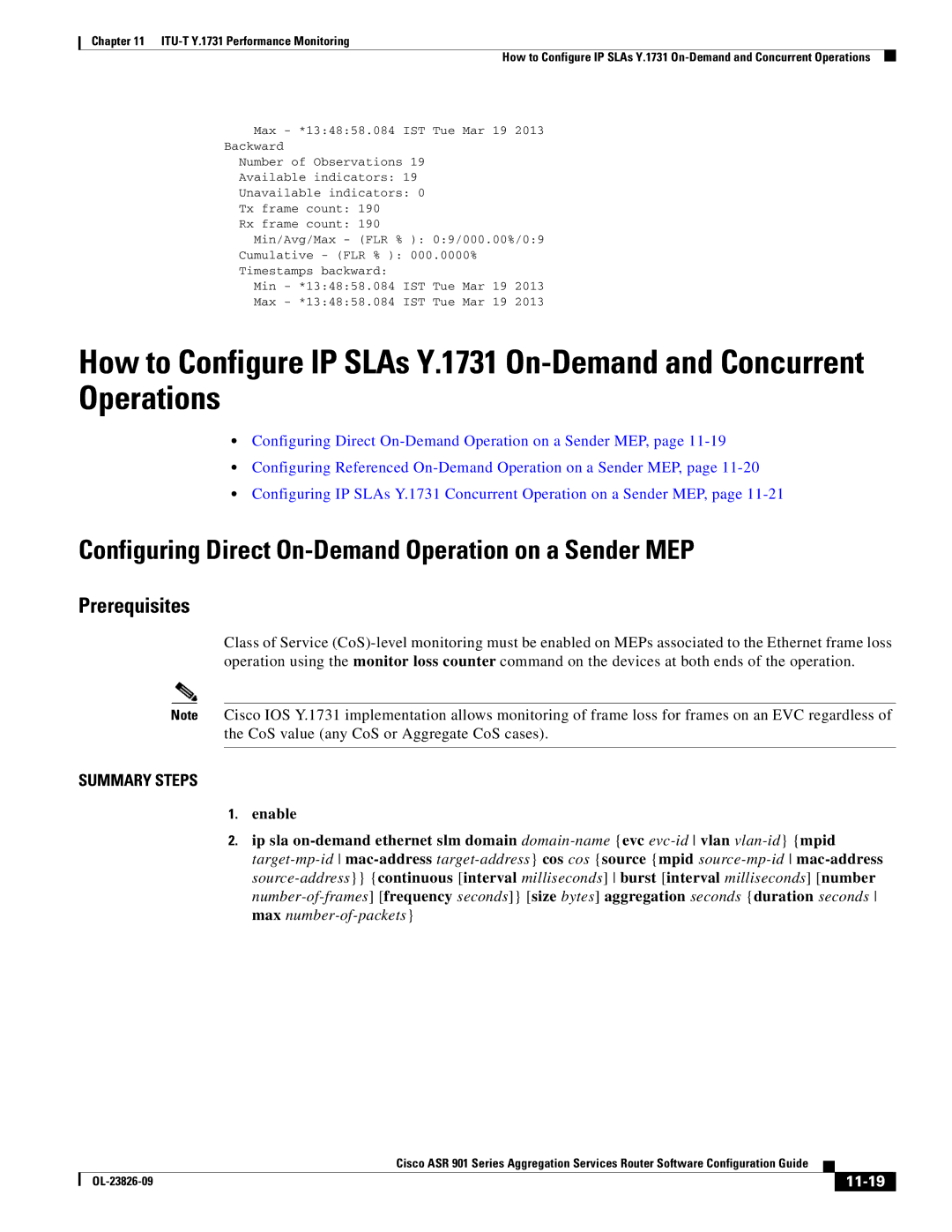 Cisco Systems A9014CFD manual Configuring Direct On-Demand Operation on a Sender MEP, 11-19 