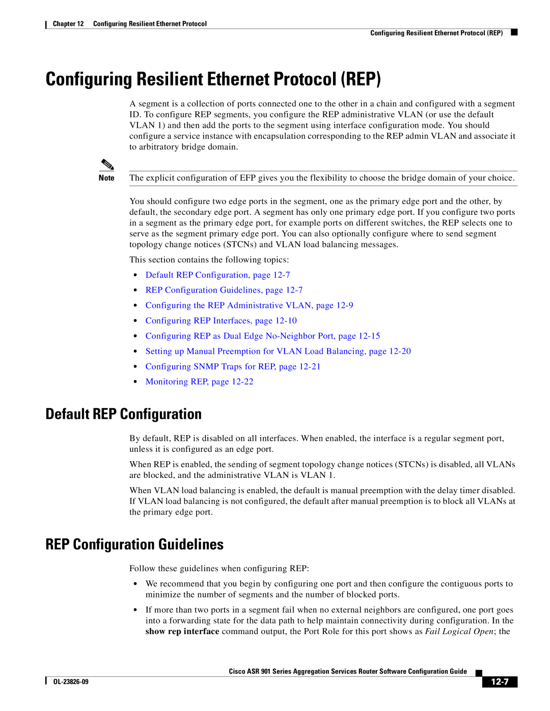 Cisco Systems A9014CFD manual Configuring Resilient Ethernet Protocol REP, Default REP Configuration, 12-7 