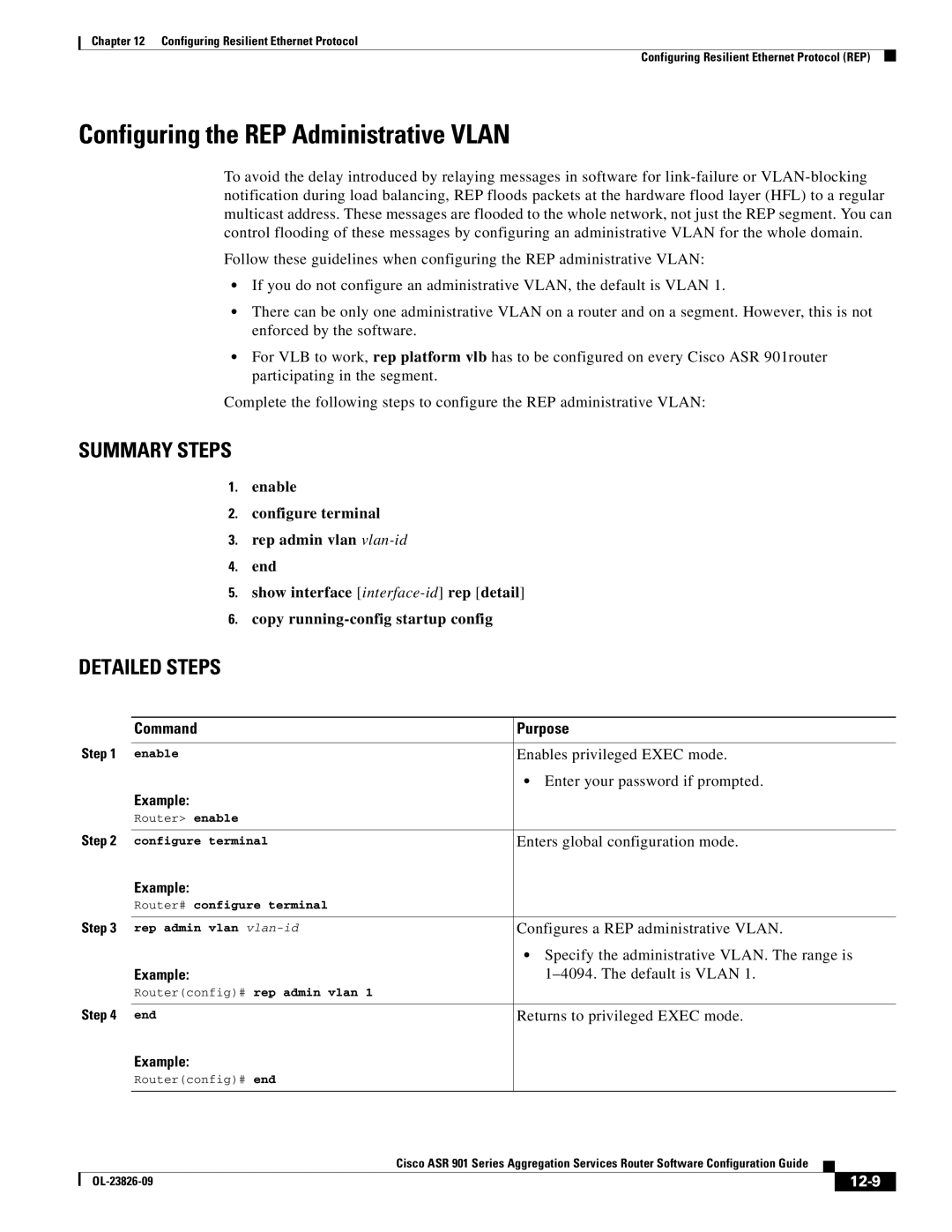 Cisco Systems A9014CFD manual Configuring the REP Administrative Vlan, 12-9 