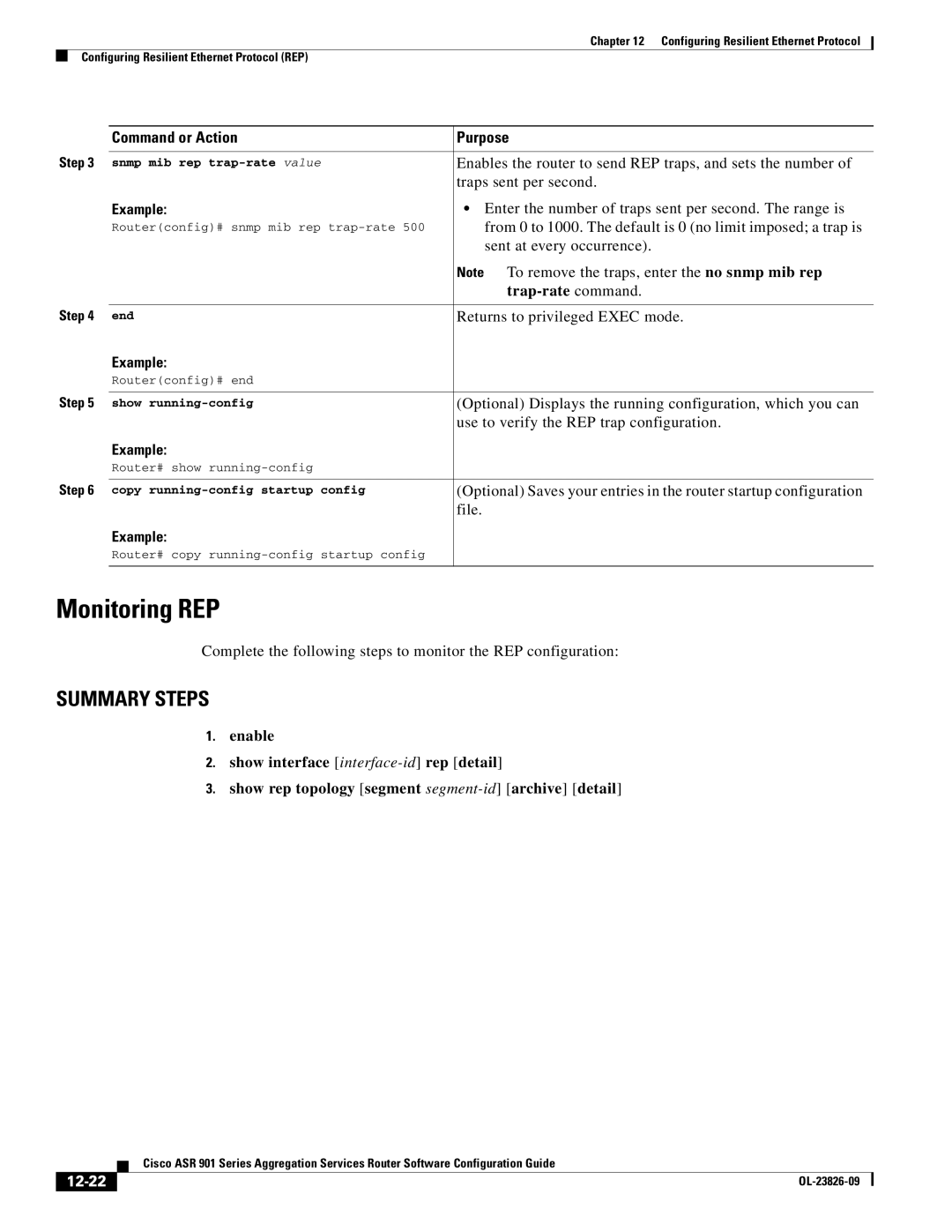 Cisco Systems A9014CFD manual Monitoring REP, Trap-rate command, 12-22 