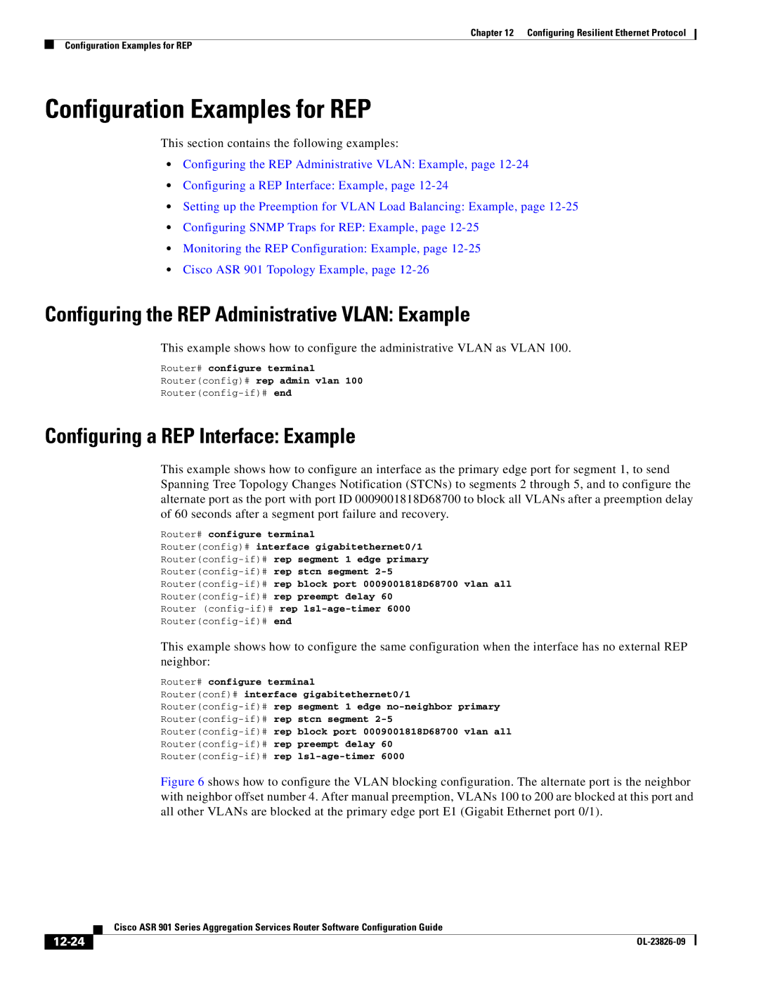 Cisco Systems A9014CFD manual Configuration Examples for REP, Configuring the REP Administrative Vlan Example, 12-24 