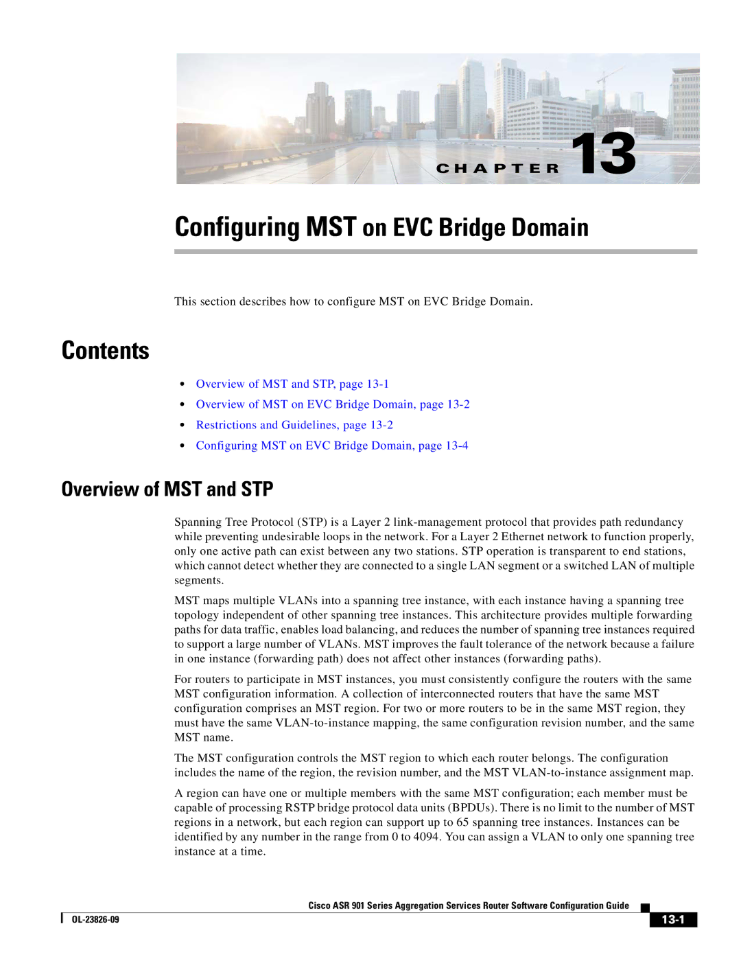 Cisco Systems A9014CFD manual Configuring MST on EVC Bridge Domain, Overview of MST and STP, 13-1 